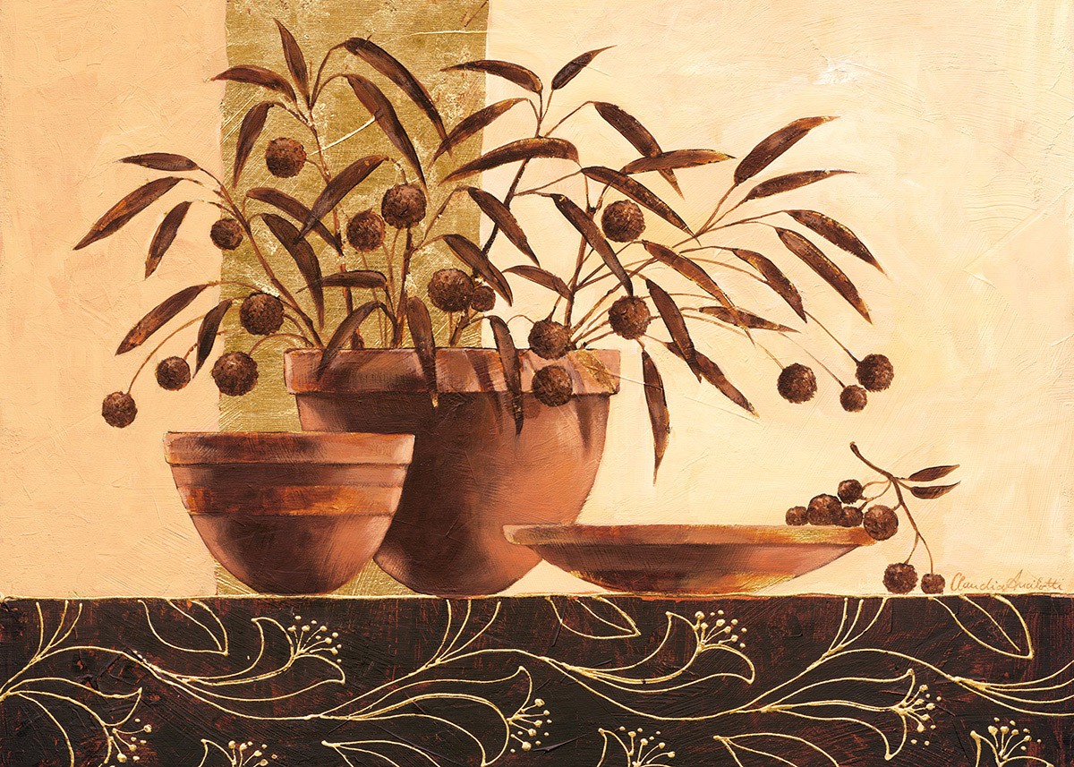 Claudia Ancilotti, Volterra (Stillleben, Tonschalen, Blumentöpfe, Olivenzweige, Zweige, Terracotta, florale Muster, Herbstfarben, Wunschgröße, Treppenhaus, Wohnzimmer, bunt)