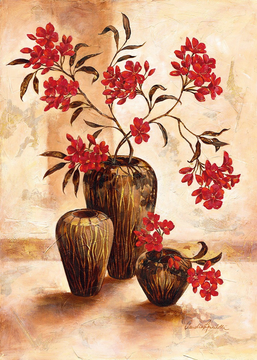 Claudia Ancilotti, Zanzibar (Stillleben, Blumenvasen, Blumen, rote Blüten,  Herbstfarben, Wunschgröße, Treppenhaus, Wohnzimmer, Esszimmer, bunt)