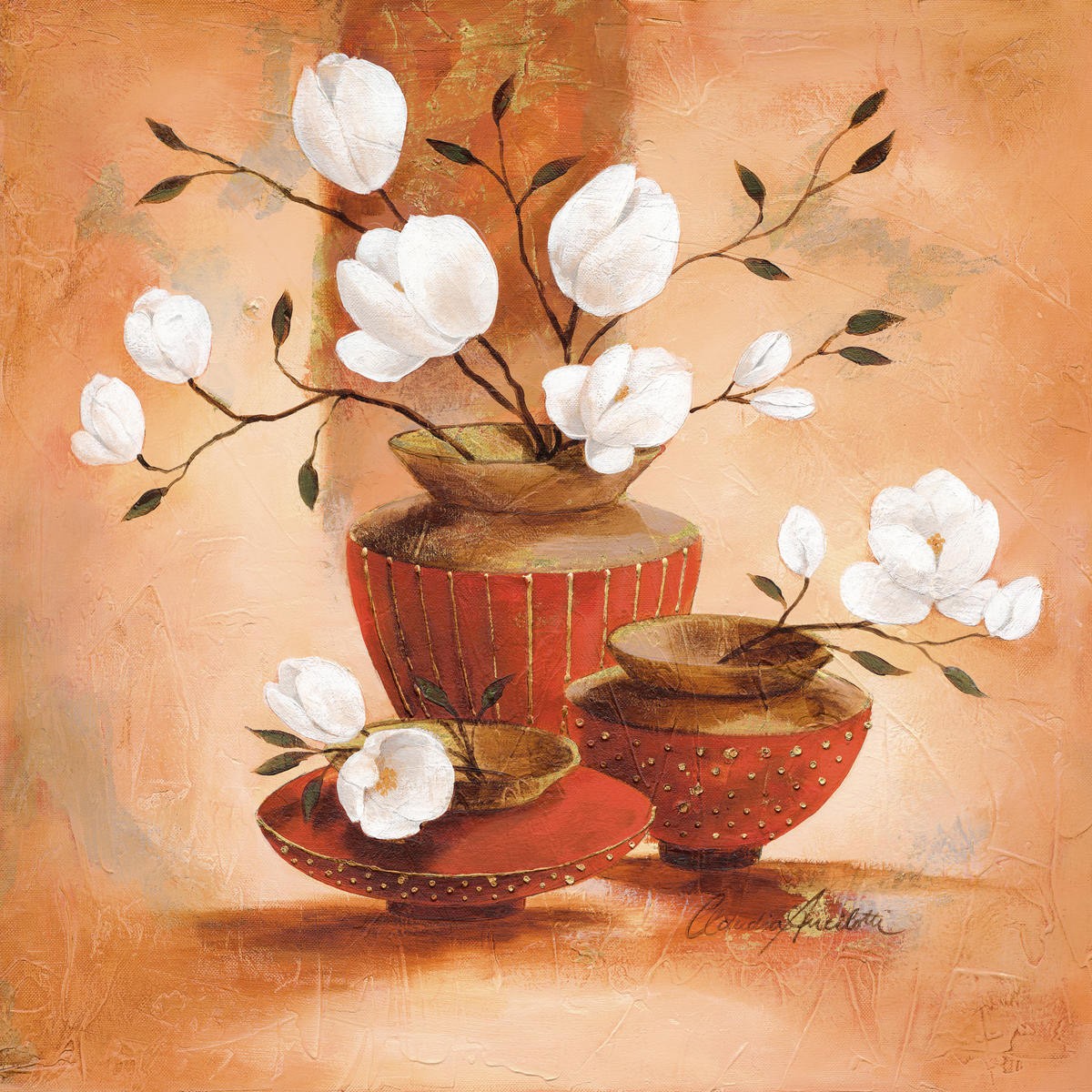 Claudia Ancilotti, Marella (Stillleben, Blumenvasen, Blumen, weiße Blüten, Magnolien, Terracotta,  Herbstfarben, Wunschgröße, Treppenhaus, Wohnzimmer, Esszimmer, bunt)