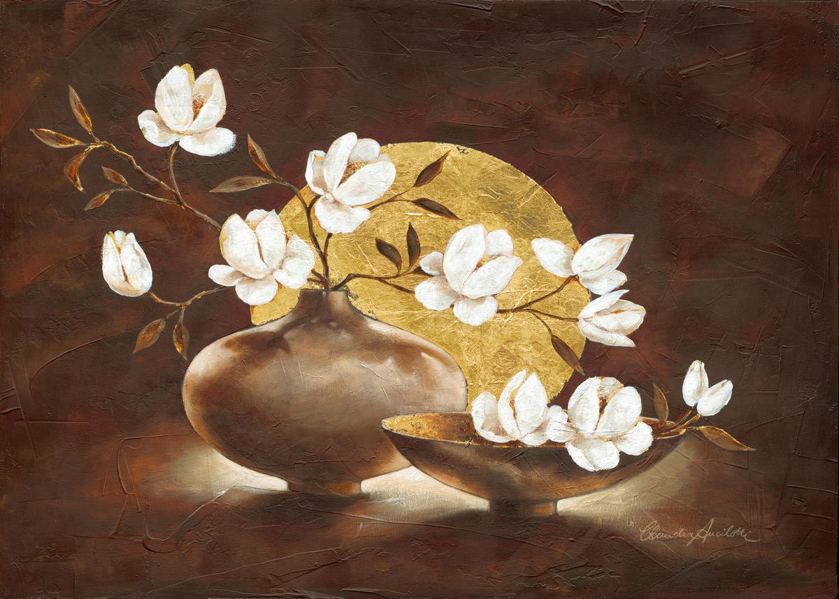 Claudia Ancilotti, Golden Sunset (Stillleben, Blumenvasen, Blumen, weiße Blüten, Magnolien, Terracotta,  Herbstfarben, Wunschgröße, Treppenhaus, Wohnzimmer, Esszimmer, braun/gold)