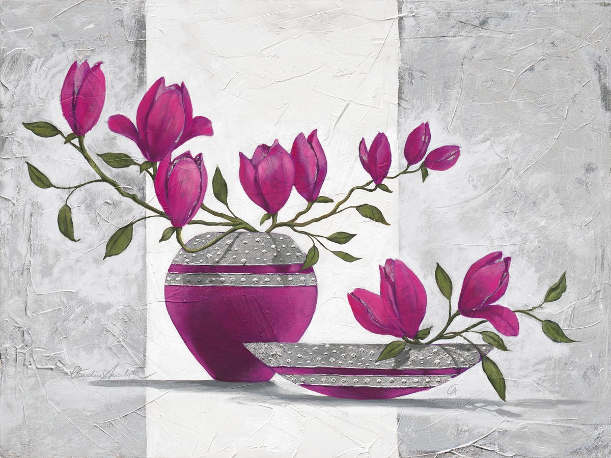 Claudia Ancilotti, Leonida (Stillleben, Blumenvasen,  Blütenzweige, Blüten, Magnolien, modern, Wunschgröße, Treppenhaus, Wohnzimmer, Esszimmer, grau/pink)