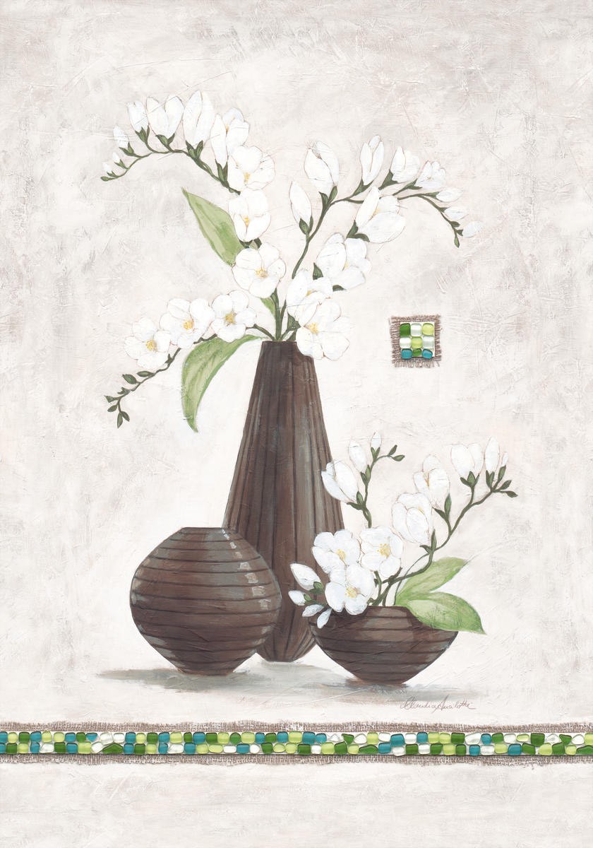 Claudia Ancilotti, Secret Garden II (Stillleben, Blumenvasen,   Blütenzweige, Blüten, modern, Wunschgröße, Treppenhaus, Wohnzimmer, Esszimmer, beige/braun)