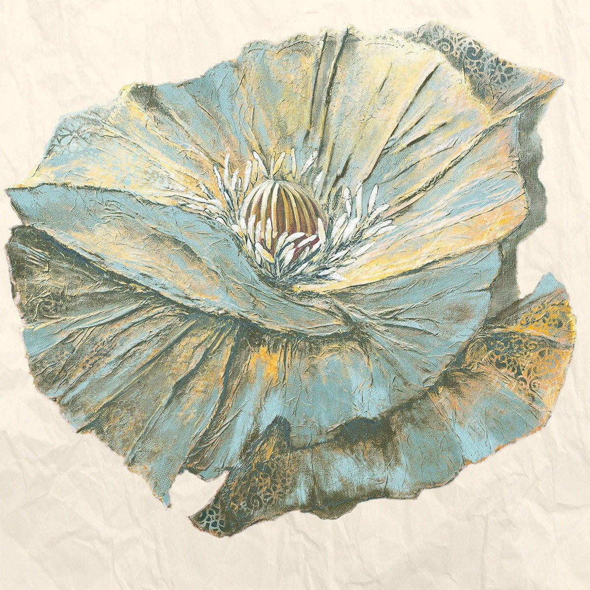Rian Withaar, Sapphire Bloom I (Blume, Blüte, Blütenblätter, modern, zeitgenössisch, Treppenhaus, Wohnzimmer, Wunschgröße, Malerei, bunt)