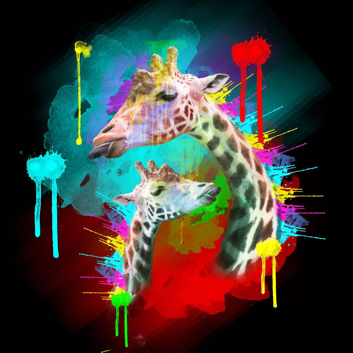 Sander Van Laar, Giraffe 2 (Giraffe, Zunge raus strecken, witzig, Tierportrait, Farbkleckse, Pop Art, modern, grell, schrill, neofarben, Fotokunst, Montage, Wohnzimmer, Jugendzimmer, bunt)