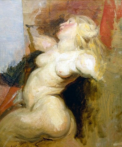 Eugène Delacroix, Kopie einer nackten Frauenfigur aus dem Medici-Zyklus von Rubens. (Frau, Nackt, Erotik, lasziv, üppig, Spätromantik, Klassiker, Wunschgröße, Malerei, Wohnzimmer, Schlafzimmer, bunt)
