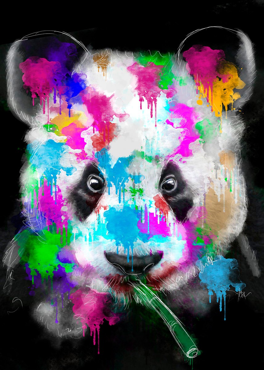 Sander Van Laar, Panda (Panda, Pandabär, Bambus, Nahaufnahme, Tierportrait, Farbkleckse, Pop Art, modern, grell, schrill, neofarben, Fotokunst, Montage, Wohnzimmer, Jugendzimmer, Wunschgröße, bunt)