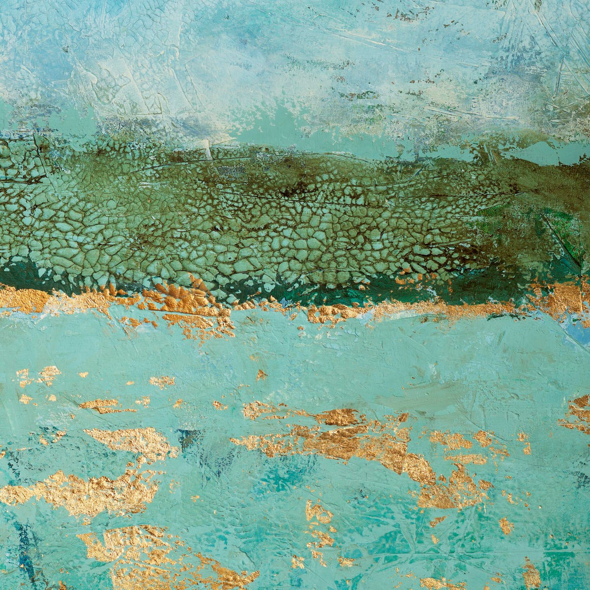 Renate Holzner, Golden Horizon 2 (Abstrakt, abstrakte Malerei, Farbverläufe, Horizontalen, harmonisch, ruhig, Wunschgröße, Badezimmer, Wohnzimmer, Treppenhaus, Büro, blau/grün)