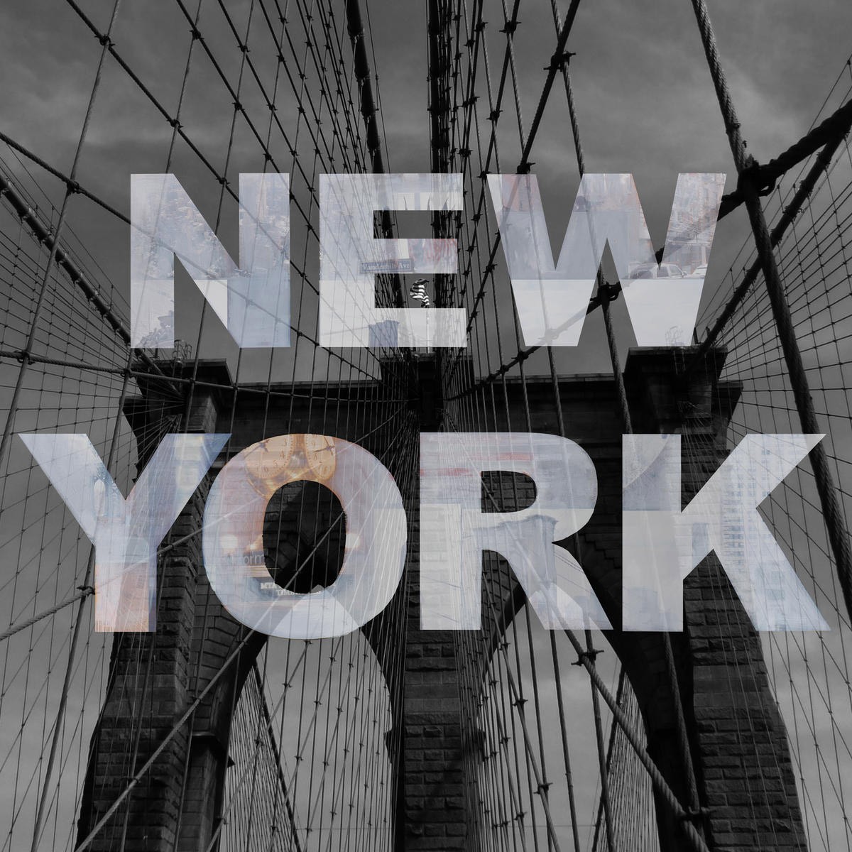 Renate Holzner, New York Collage (New York, Metropole, Städte, Typografie, Brücke, Brooklyn Bridge, Brückenpfeiler,  Fotokunst, Wunschgröße, Wohnzimmer, Treppenhaus, modern, Grafik, schwarz/weiß)