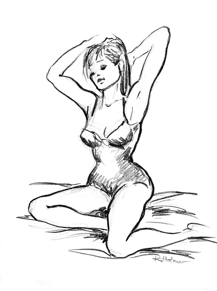 Renate Holzner, Lilly (Frau, junge Frau, Body, Portrait, Zeichnung, Grafik, Schlafzimmer, Badezimmre, Wohnzimmer, Wunschgröße, schwarz/weiß)