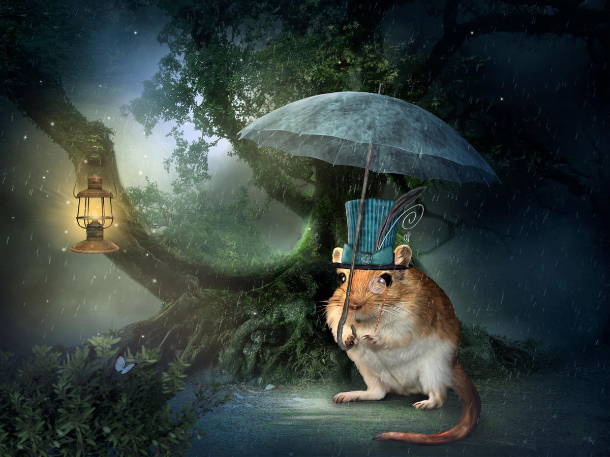 Babette, Steampunk Mouse (Maus, Zylinder, Regenschirm, Wald, Magie, mystisch, Fantasy, Märchen, Traumwelt, Jugendzimmer, Wohnzimmer, Treppenhaus, Wunschgröße, Digitalkunst, bunt)