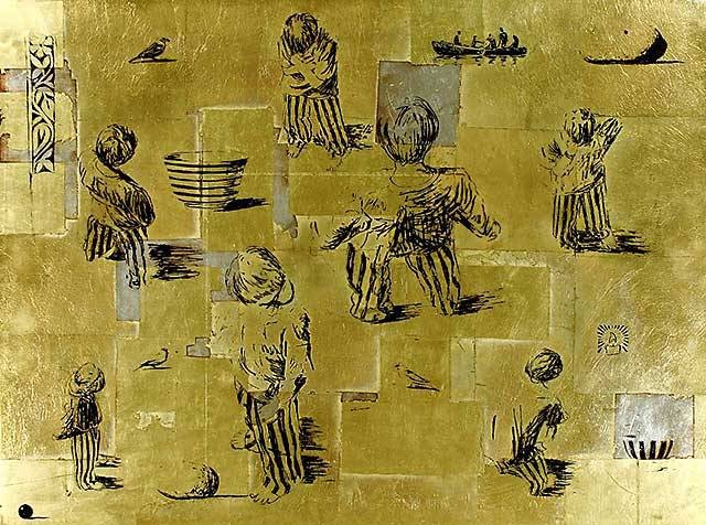 Scholz Andreas Traumjäger Gold (Lithografie,handsigniert, Übermalung) (Figur, Junge, Traum, Perspektiven,  modern, Malerei, Original, signiert, zeitgenössisch, Schlafzimmer, Wohnzimmer, gold,)