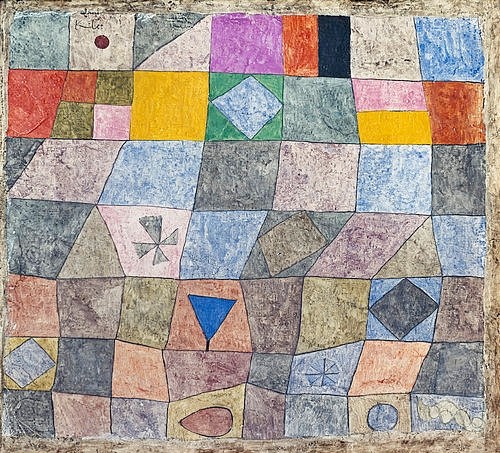 Paul Klee, Freundliches Spiel. (Klee,Paul,1879-1940,Privatbesitz Prof.Huggler,20. Jahrhundert,Klee,Paul Klee,Bauhaus,Abstraktion,abstrakt,geometrisch,Felder,Unterteilung,unterteilt,zeichenhaft,Reihe,Reihen,Linien,linear,Quadrate,freundlich,heiter,poetisch,Spiel)