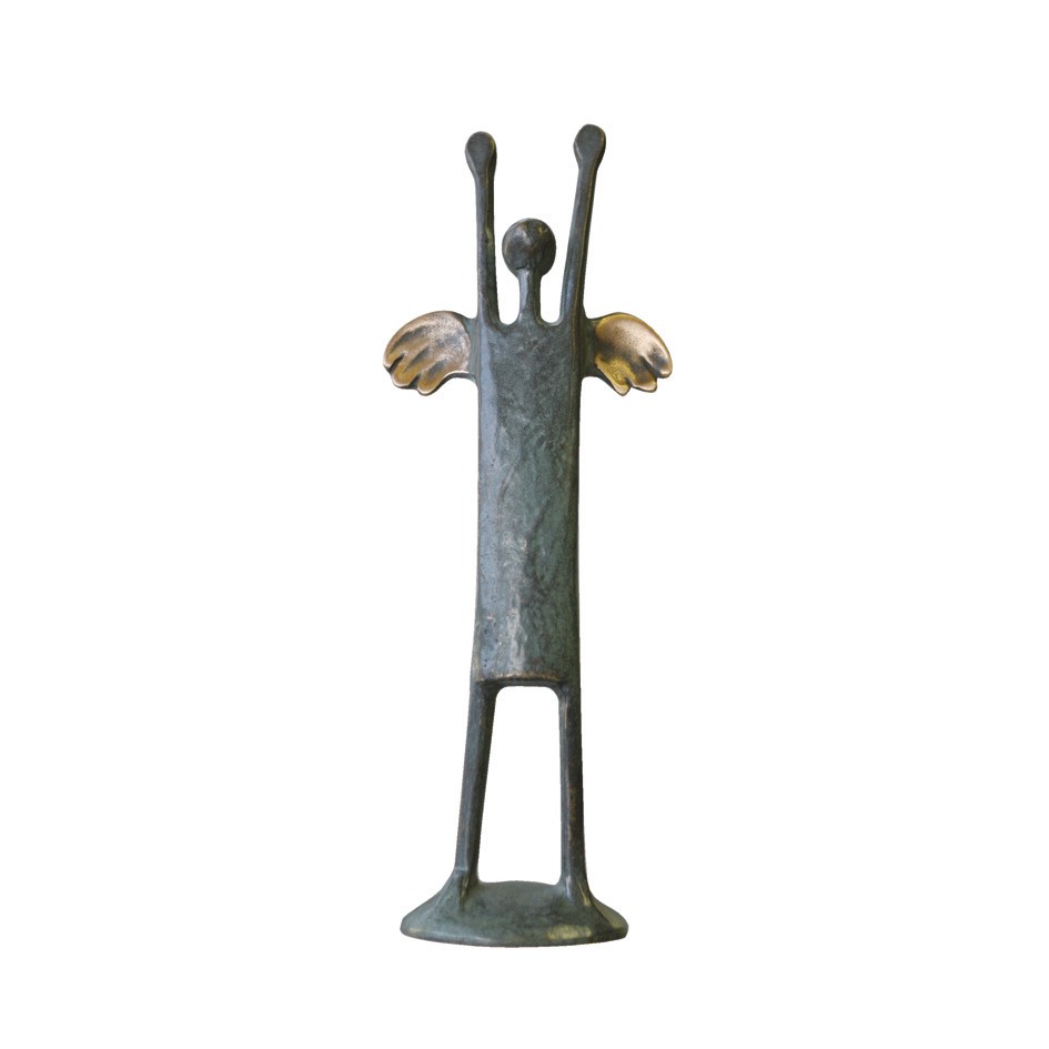 Raimund Schmelter, Der Optimist, 26cm (Engel, Flügel, Himmelswesen, Optimist, Eigenschaften, Skulptur, Plastik, Bronze, Figur, Wohnzimmer, Schlafzimmer,  Plinthe, bronzefarben)