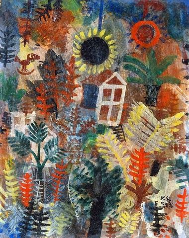 Paul Klee, Gartenlandschaft. 1918 (Privatbesitz,20. Jahrhundert,Öl/Karton,1879-1940,Klee,Paul,Gärten,Klee, Paul Klee,Garten,Sonnenblume,Schrebergarten,wachsen,Pflanzen,kindlich,naive Malerei,naiv,heile Welt,Häuschen,Bäume,Palme,dicht)