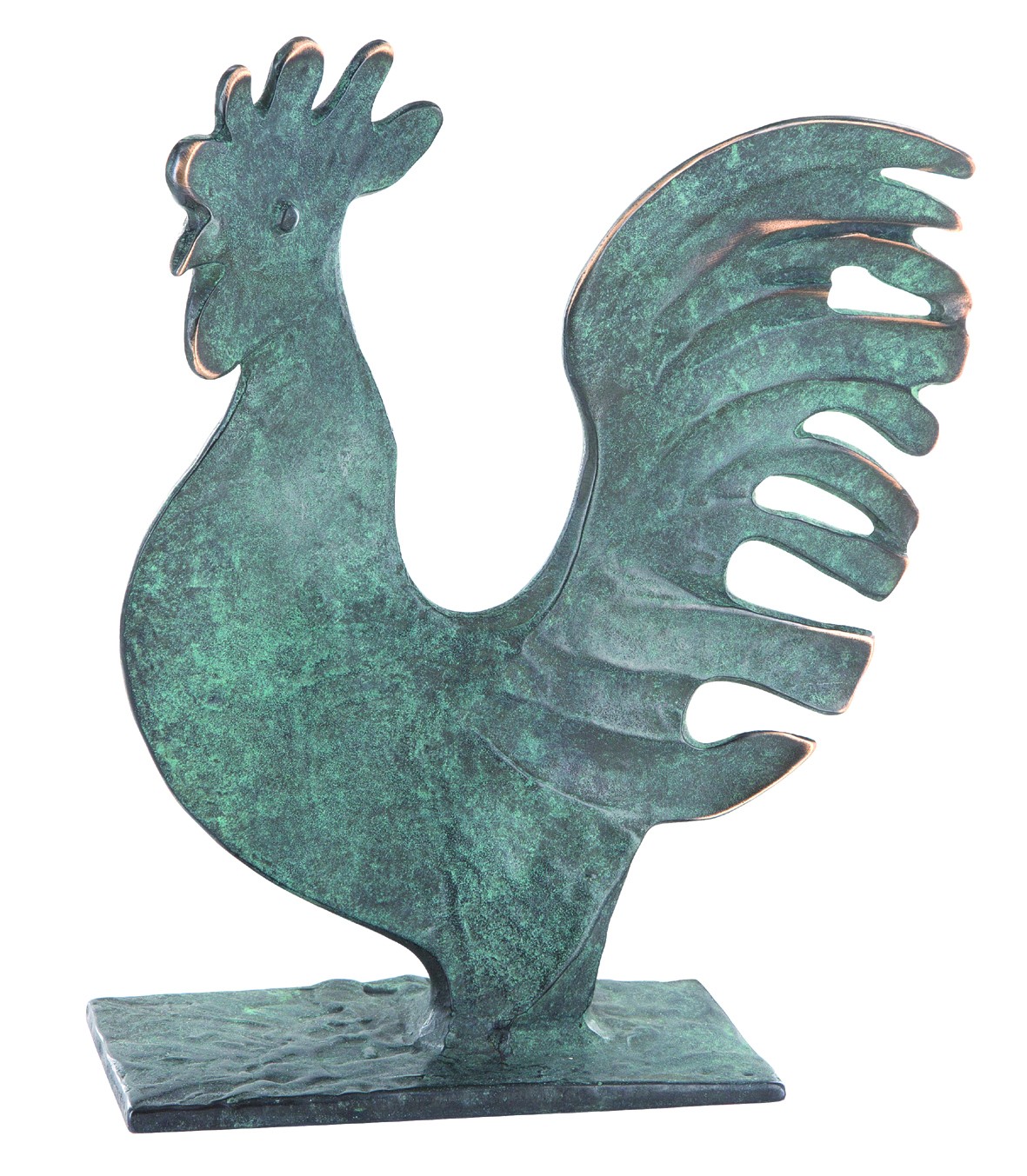 Raimund Schmelter, Hahn, 19 x 23cm (Hahn, Gockel, Schwanzfedern, stolz, Vogel, reduziert, Tiere, Skulptur, Plinthe, Bronze, Metall, Plastik,  Wohnzimmer, Esszimmer, Patina, bronzefarben)