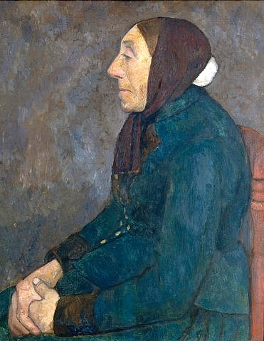 Paula Modersohn-Becker, Sitzende alte Bäuerin. Um 1903 (Öl auf Leinwand,1876-1907,Modersohn-Becker,Paula,Basel,Kunstmuseum,Modersohn-Becker, Paula Modersohn Becker,20. Jahrhundert,Frau,Alte,einfach,bescheiden,Kopftuch,Profil,Nase,gefaltete Hände,Portrait,Porträt,Landfrau,ehrbar,sittsam,zurückhaltend,matte Farb)