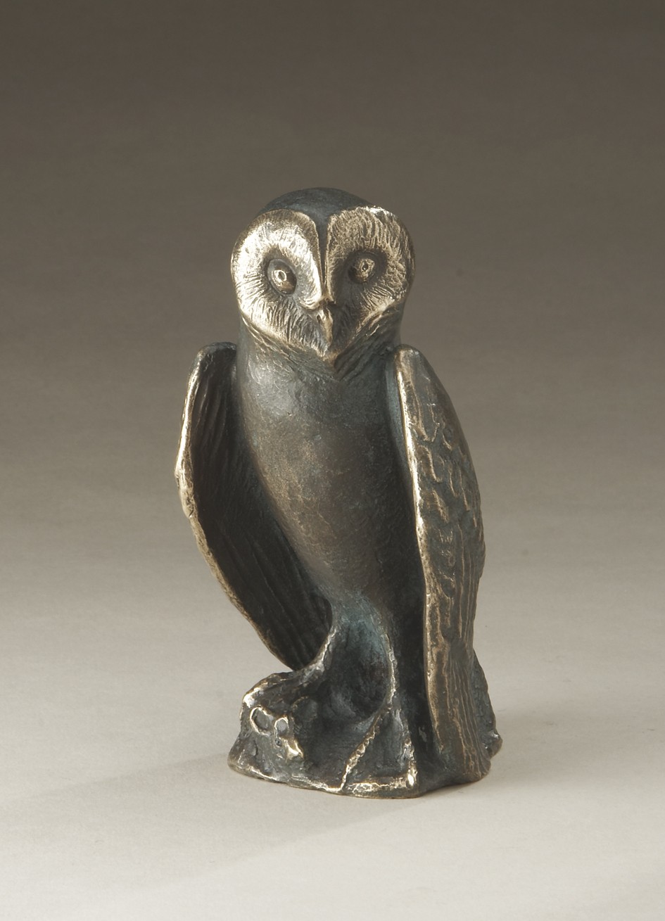 Fritz Pißarreck, Schleiereule mit Beute, 14cm (Eule, Vogel, Tier, Weisheit, Bronze, Skulptur, Figur, Wohnzimmer, Büro)