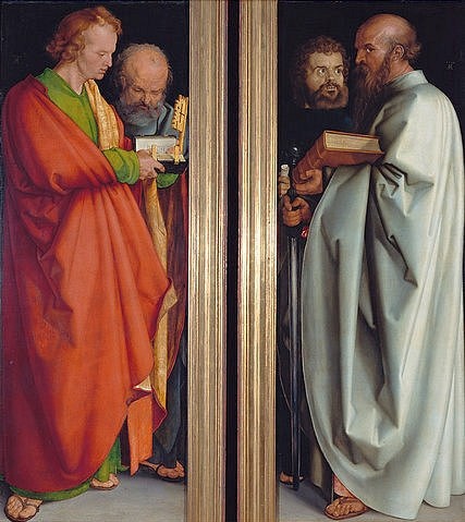 Albrecht Dürer, Die vier Apostel (Johannes, Petrus, Markus, Paulus). 1526 (München,Alte Pinakothek,Dürer,Albrecht,1471-1528,Lindenholz,Johannes,Petrus,Paulus, Markus,Heilig,Dürer,apostel,16. Jahrhundert,15. Jahrhundert,renaissance, Bayerische Staatsgemäldesammlungen)