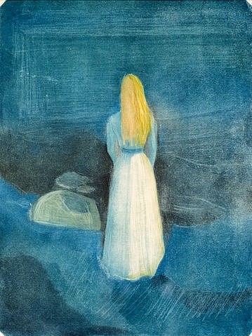 Edvard Munch, Mädchen am Strand (Die Einsame). 1896. (Munch,Edvard,1863-1944,Winterthur,Kunstmuseum,19. Jahrhundert,Expressionismus,Frau, Junge Frau,Abend,Gefühle,einsamkeit,allein,einsam)