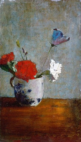 Odilon Redon, Nelken in einer chinesischen Tasse. (Postimpressionismus, Stillleben, Blumenvase, Blüten, Blumen, Nelken, floral, klassische Moderne, Malerei, Wohnzimmer, Esszimmer, Treppenhaus, Wunschgröße, bunt)