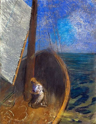 Odilon Redon, Frau in einem Fischerboot. (Wunschgröße, klassische Moderne, Symbolismus, Barke, Boot, Fischerboot, Halt, Meer,   mystisch, Frauen, Treppenhaus, Wohnzimmer, Malerei, bunt)