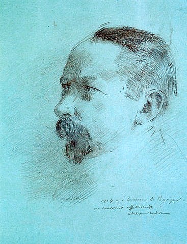 Odilon Redon, Bildnis von André Bonger. 1914. (Wunschgröße, klassische Moderne, Portrait, Mann, Kunstsammler, Skizze, Zeichnung, Wohnzimmer, Treppenhaus, Malerei, blau/grau)