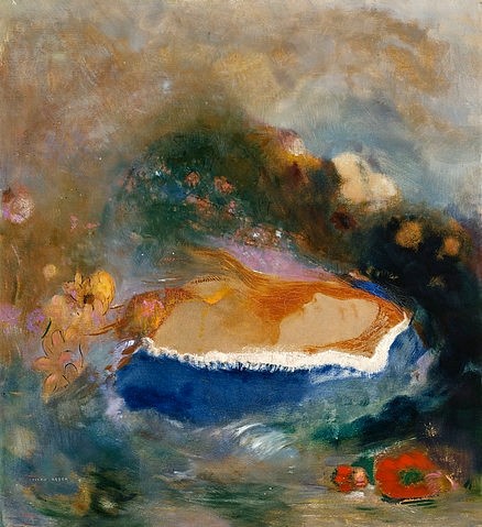 Odilon Redon, Das blaue Cape (oder: Ophelia). (Wunschgröße,klassische Moderne, Symbolismus, Ophelia, Hamlet, Shakespeare, Cape, schweben, Treppenhaus, Wohnzimmer, Malerei, bunt)