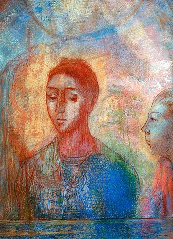 Odilon Redon, Bildnis der Madame Redon et Ari. (Wunschgröße, klassische Moderne, Symbolismus,Frau, Kind, Potrait, Künstlerfamilie, melancholisch, nachdenklich, Treppenhaus, Wohnzimmer, Malerei, bunt)