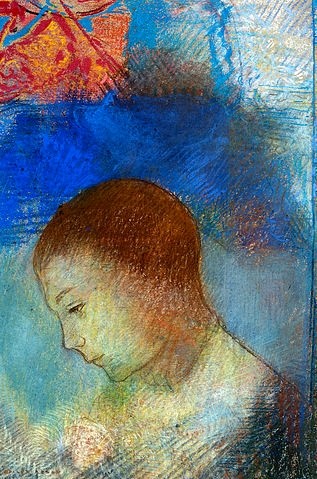 Odilon Redon, Bildnis von Ari. (Wunschgröße, klassische Moderne, Symbolismus,Kopf, Kind, Potrait, Profil, melancholisch, nachdenklich, Treppenhaus, Wohnzimmer, Malerei, bunt)