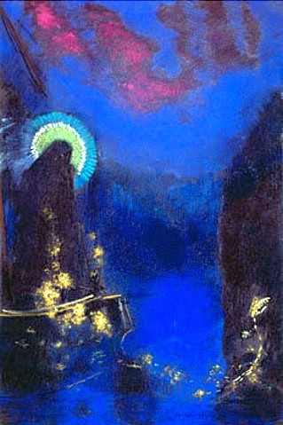 Odilon Redon, Die hl. Jungfrau mit dem Heiligenschein. (Wunschgröße, klassische Moderne, Symbolismus, Barke, Boot, Maria, Heiligenschein, leuchten,  Nachtszene, mystisch, Treppenhaus, Wohnzimmer, Malerei, bunt)