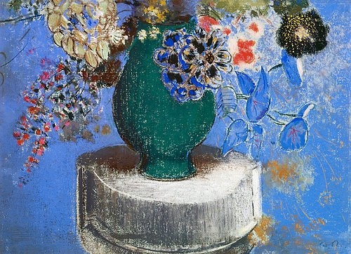 Odilon Redon, Blumen in einer grünen Vase. (Postimpressionismus, Stillleben, Blumenvase, Blüten, Blumen, Sommerblumen, floral, klassische Moderne, Malerei, Wohnzimmer, Esszimmer, Treppenhaus, Wunschgröße, bunt)