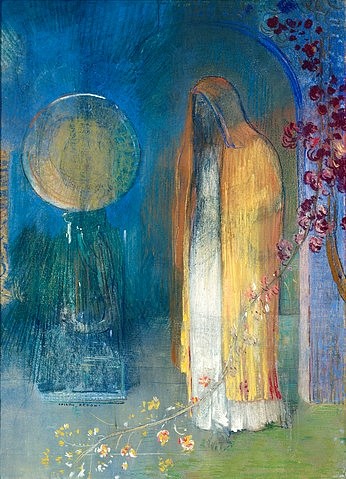 Odilon Redon, Das gelbe Cape. (Wunschgröße, klassische Moderne, Symbolismus, Erscheinung, diffus, Umhang, Scheibe, Nachtszene, mystisch, Treppenhaus, Wohnzimmer, Malerei, bunt)