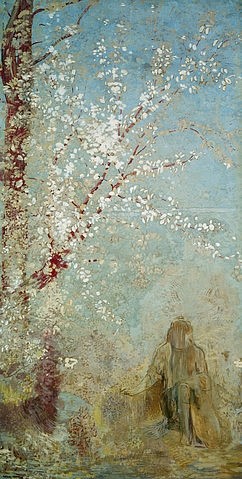 Odilon Redon, Der rote Baum. 1905 (Wunschgröße, klassische Moderne, Symbolismus, Frühling, Baum, Blütenbaum, figurativ, diffuse Gestalt, Treppenhaus, Wohnzimmer, Malerei, bunt)
