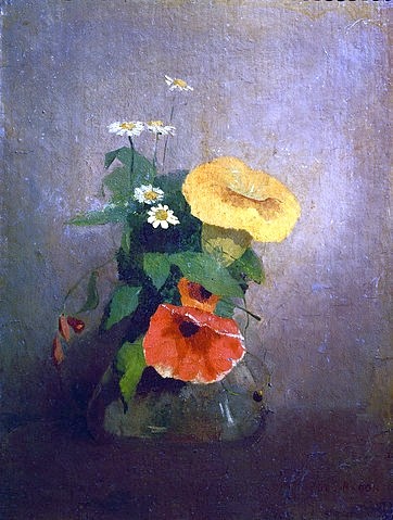 Odilon Redon, Drei Winden und fünf kleine Margeriten. (Postimpressionismus, Stillleben, Blumenvase, Blüten, Blumen, Sommerblumen, floral, klassische Moderne, Malerei, Wohnzimmer, Esszimmer, Treppenhaus, Wunschgröße, bunt)
