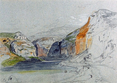 Carl Rottmann, Die Veroneser Klause. (Landschaft, Skizze, Italien, Berge, Alpen, Engpass, Veneto, mythisch, episch, heroisch, Antike, Malerei, Romantik, Klassiker, Wunschgröße, Wohnzimmer, bunt)