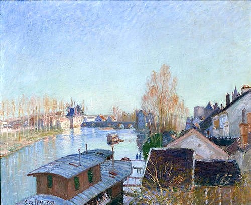 Alfred Sisley, Am Ufer des Loing in Moret. 1890 (Impressionismus,19. Jahrhundert,Öl auf Leinwand,1839-1899,Basel,Kunstmuseum,Sisley,Alfred,Fluss,Frankreich,Sisley, Alfred 1839-1899,Waschhaus,Himmel,Ufer,Flussufer)