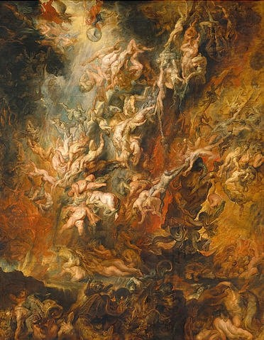 Peter Paul Rubens, Der Höllensturz der Verdammten. (Inferno, Jüngstes Gericht, Höllensturz, Sünder, Verdammte, Apokalypse, Hölle, Barock, Klassiker, Malerei, Treppenhaus, Wohnzimmer, Wunschgröße, bunt)