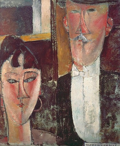 Amadeo Modigliani, Braut und Bräutigam. 1915/16 (New York,Museum of Modern Art,Modigliani,Amadeo,1884-1920,Öl auf Leinwand,20. Jahrhundert,Modigliani,Amadeo Modigliani,Frau,Mann,Portrait,20. Jahrhundert,Paar,spitze Nase,Nasen,Brautpaar,Hochzeitspaar,weiße Fliege,Schnurrbart,Brustbild)