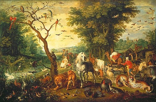 JAN BRUEGHEL DER ÄLTERE, Noah führt die Tiere in die Arche. (Noah, Tiere, Arche, Altes Testament, religiös, Barock, Klassiker, Malerei, Wunschgröße, Wohnzimmer, bunt)