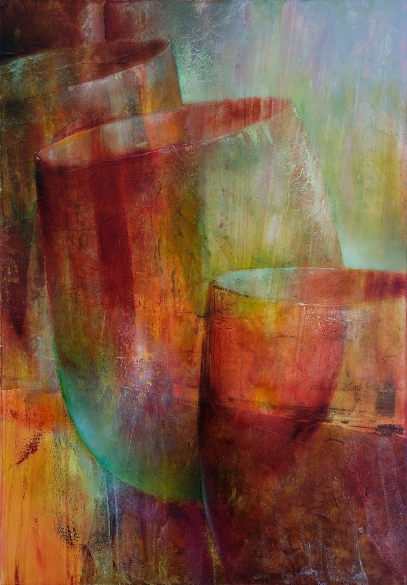 Annette Schmucker, drei Gläser (Gläser, Weingläser, transparent, leuchtend, durchscheinend, Wunschgröße, Malerei, Bistro, Bar, Treppenhaus, Wohnzimmer, Esszimmer, orange/rot/grün)