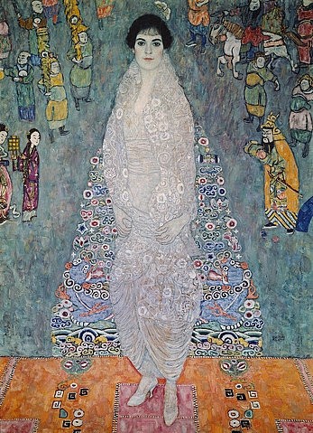 Gustav Klimt, Bildnis der Baronin Elisabeth Bachofen-Echt. 1915/16 (Privatbesitz,Klimt,Gustav,1862-1918,Öl auf Leinwand,20. Jahrhundert,Jugendstil,Gustav Klimt,Portrait,Frau,wiener jugendstil,Elisabeth Bachofen Echt,weißes Kleid,Japonismus,japanisch,Figuren,umrandet,Teppich,Blumenmuster,floral,frontal,blass,weißer Teint)