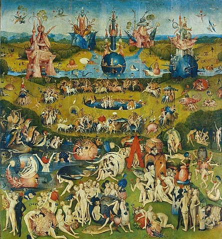 Hieronymus Bosch, Der Garten der Lüste. Mitteltafel des Triptychons. (Malerei, Klassiker, Renaissance, Garten der Lüste, Phantasie, Symbolik, Fabelwesen, Dämonen, Menschen, Garten, Wollust, Erotik, Detail, Wunschgröße, Mittelteil, bunt)