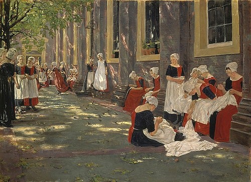 Max Liebermann, Freistunde im Amsterdamer Waisenhaus. 1881/1882 (Städel Museum,Frankfurt am Main,Liebermann,Max,1847-1935,Öl auf Leinwand,Liebermann,Max Liebermann,19. Jahrhundert,Realismus,Impressionismus,Soziales,Haushalt,Holland,Niederlande,Waisenhaus,Waisen,Waisenkinder,Freistunde,Handarbeit,draußen,Hof,Schürze,Hau)