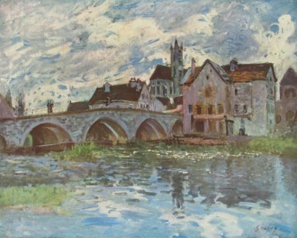 Alfred Sisley, Die Brücke von Moret (Landschaft, Landschaftsmalerei, Brücke, steinerne Brücke, Fluss, Viadukt, Loing, Gebäude, Wohnzimmer, Treppenhaus, Impressionismus, Klassische Moderne, Malerei, bunt)