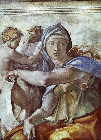 MICHELANGELO BUONARROTI, Deckengemälde der Sixtinischen Kapelle: Die Delphische Sybille. (Sibylle, Prophetin, Wahrsagerin, Weisheit, Klassiker, Renaissance, Fresko, Deckengemälde, Sixtinische Kapelle, bunt)