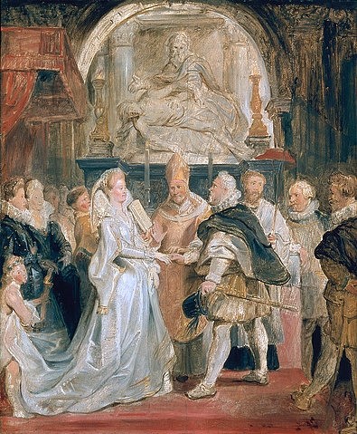 Peter Paul Rubens, Medici-Zyklus: Die Vermählung in procuratione (5.Oktober 1600). (Maria de Medici, Stellvertreter für Heinrich IV, Dom Florenz, Braut, Verwalter, Skizze, Menschen, Gesellschaft,  Barock, Klassiker, Malerei,  Treppenhaus, Wohnzimmer, Wunschgröße, bunt)