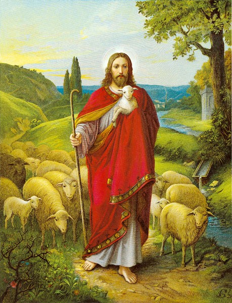 Anonym, DER GUTE HIRTE (Malerei, Jesus, Schafe, Herde, Hirte, Landschaft, Idylle, religiös, Christlich, spirituell, Wohnzimmer, Schlafzimmer, Wunschgröße, bunt)