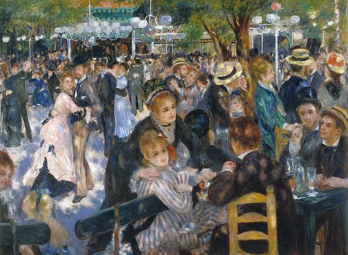 Pierre-Auguste Renoir, Ball im Restaurant Moulin de la Galette auf dem Montmartre. 1876 (Gesellschaft, Personen, Tanz, Spaß, Freizeit, Moulin de la Galette, Restaurant, Gartenlokal, Montmartre, Paris, Impressionismus, klassische Moderne, Wunschgröße, Wohnzimmer, Malerei)