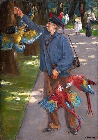 Max Liebermann, Der Papageienmann. 1902 (Impressionismus,20. Jahrhundert,Öl auf Leinwand,1847-1935,Liebermann,Max,Essen,Museum Folkwang,Max Liebermann,20. Jahrhundert,impressionismus,Vogel,Vögel,Papagei,Papageien,Tier,Tiere,Zoo,zoologischer Garten,Mann,Zoowärter,UniformSchildmütze)