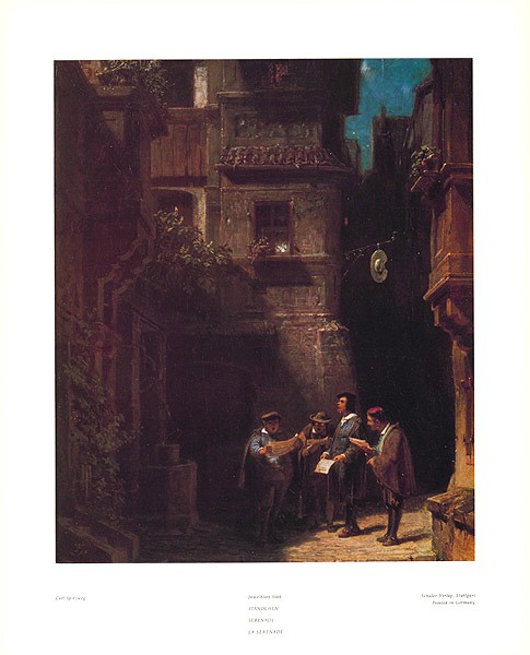 Carl Spitzweg, Nachtständchen 166 (Offset) (Malerei, Klassiker, Serenade, Ständchen, Männerchor, Liebeslied, Nachtszene, Dorfstraße, Spätromantik, Wohnzimmer, bunt)